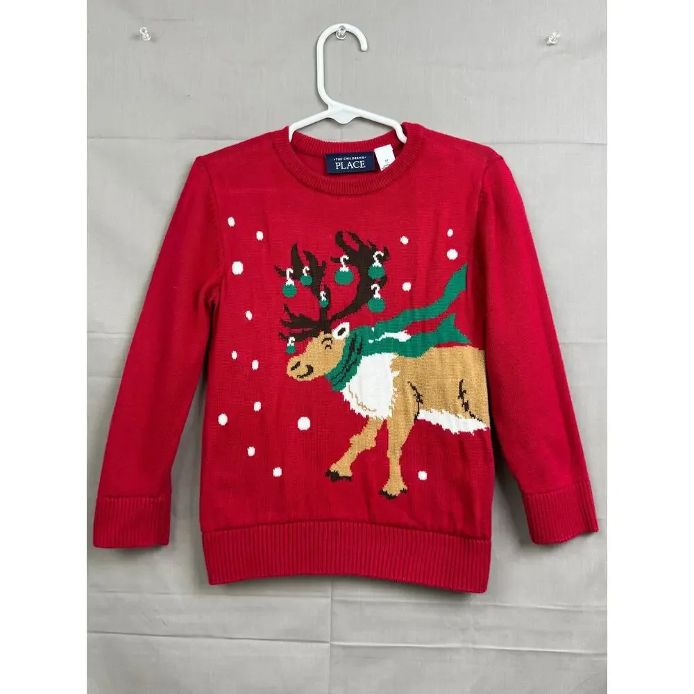 The Children's Place Toddler Boy Red Sweater with Reindeer & Ornaments, Size 3T